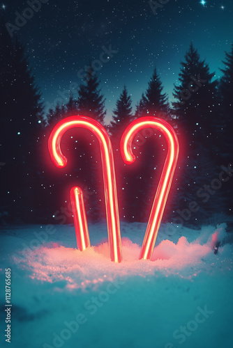 Glowing delicious neon candy cane lights in snowy forest under the night sky.