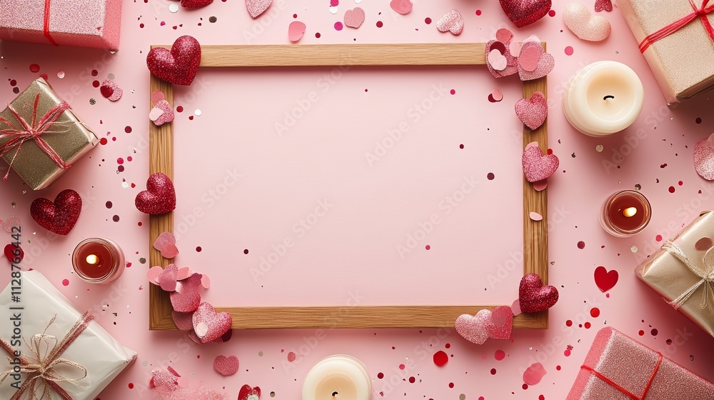 Valentines Day Frame made of gifts candles confetti on pink background Valentines day background Flat lay top view copy space Valentines Day Frame made of gifts candles confetti on pink background Valentines day background Flat lay top view copy space