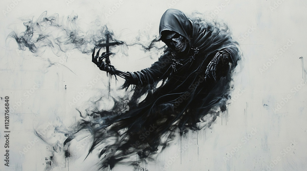 Fototapeta premium Scary horror grim reaper with scythe angle of death background