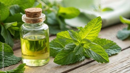 Captivating Portrait of Mint Oil Extract with Selective Focus, Highlighting the Texture and Color of Fresh Mint Leaves and Oil in a Natural Setting