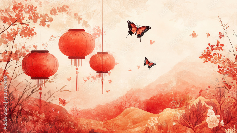 Obraz premium 日本風デザインの赤い提灯と花のデジタルアート