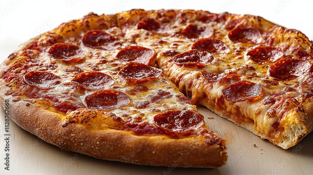 Classic pepperoni pizza with melted cheese served on a wooden table Classic pepperoni pizza with melted cheese served on a wooden table
