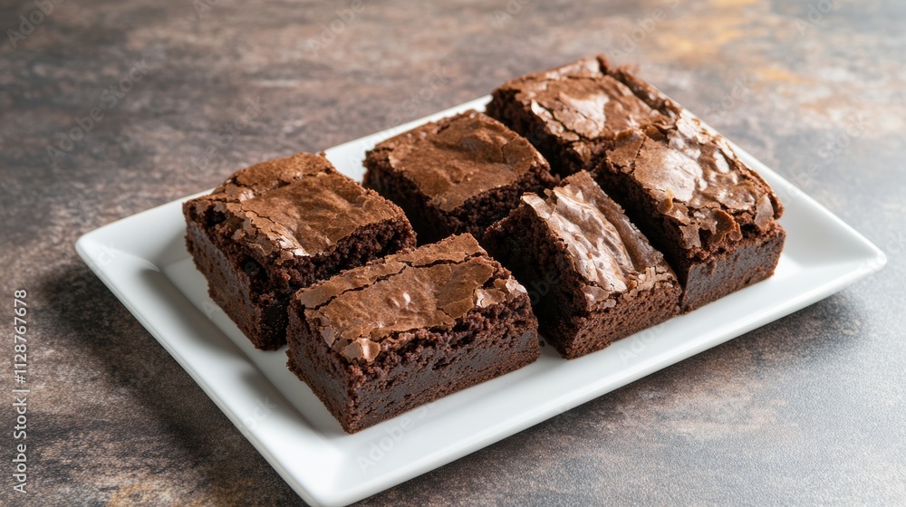Sliced homemade brownies on white plate Served on rectangle white plate Favorite chocolate dessert for chocolate lover Sweet and moist of cocoa taste Top view Sliced homemade brownies on white plate Served on rectangle white plate Favorite chocolate dessert for chocolate lover Sweet and moist of cocoa taste Top view