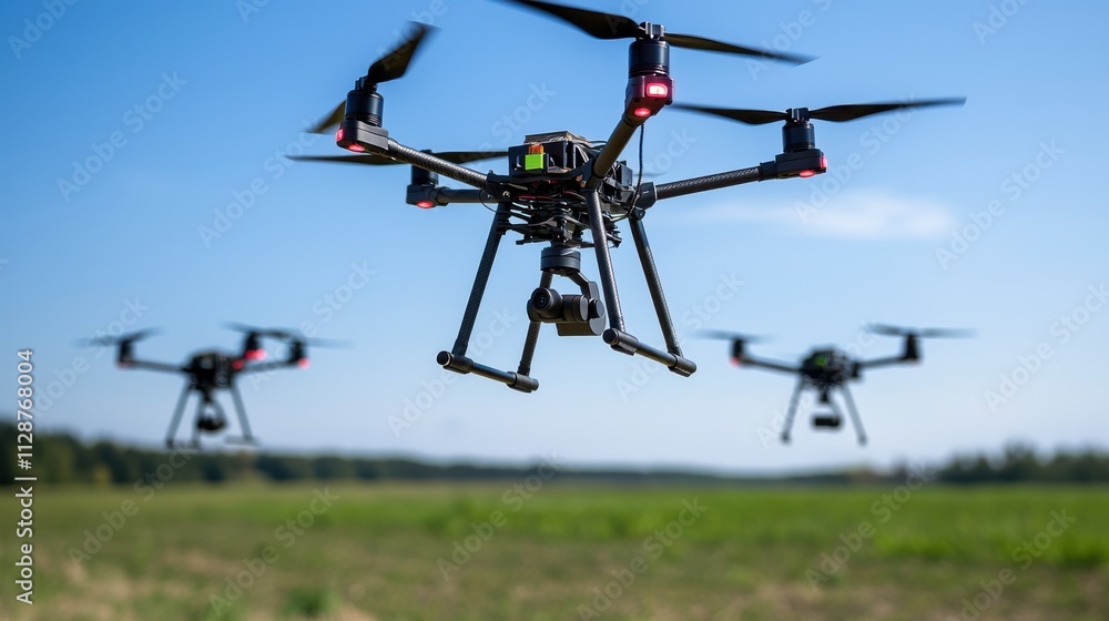Drones Flying Over Green Field, Aerial Photography Drones Flying Over Green Field, Aerial Photography