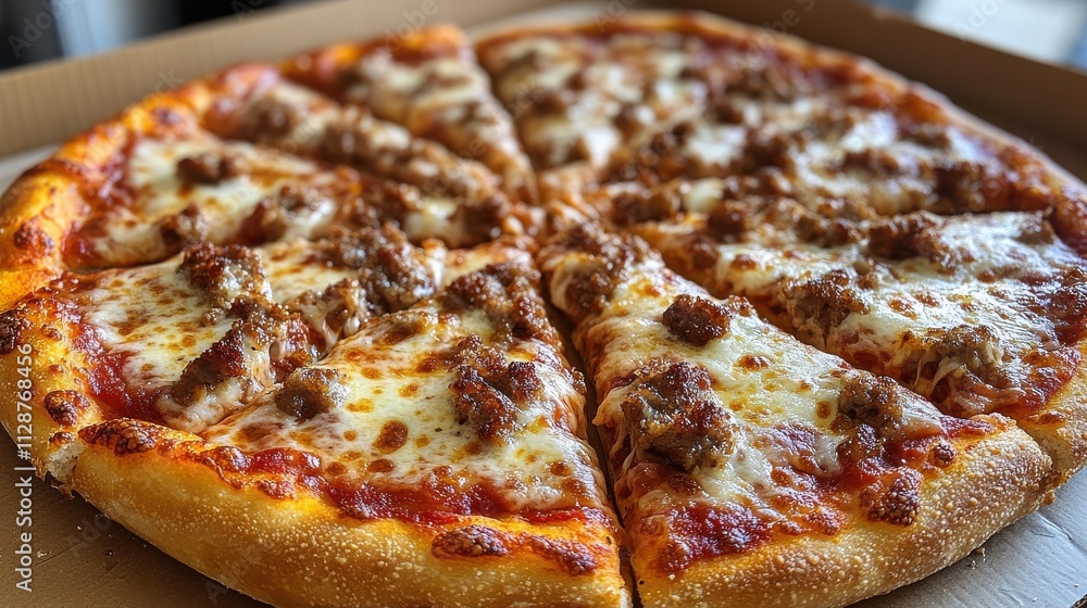 Delicious cheese and sausage pizza served fresh in a warm box Delicious cheese and sausage pizza served fresh in a warm box