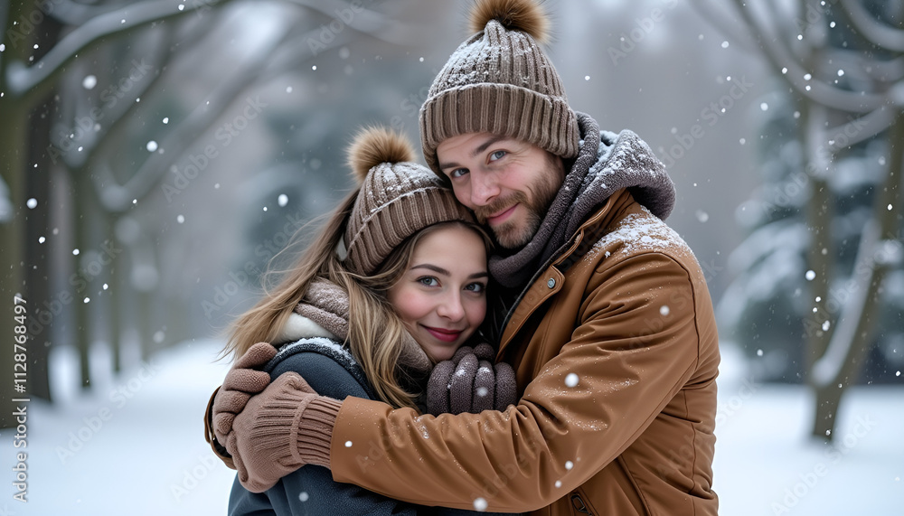 Obraz premium Couple enjoying a snowy day, hugging each other warmly in winter attire for love and happiness concept