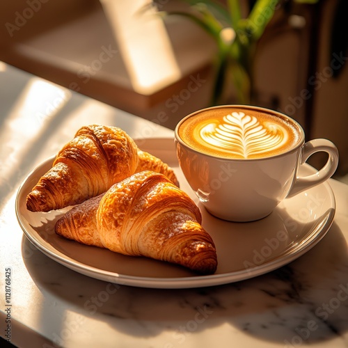 cup of coffee with beans on marble with croissant 