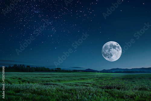 Full moon in the clear night sky above green meadow.