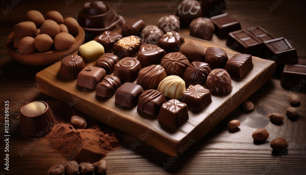 A variety of chocolates displayed on a wooden table showcasing intricate designs and texture A variety of chocolates displayed on a wooden table showcasing intricate designs and texture