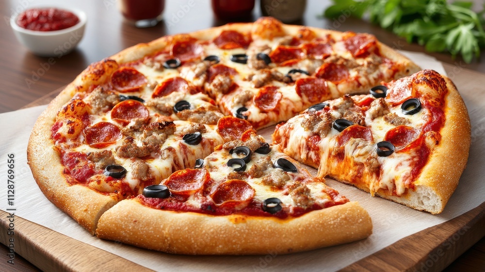 Freshly baked pizza topped with pepperoni, sausage, and olives at a cozy dining table Freshly baked pizza topped with pepperoni, sausage, and olives at a cozy dining table