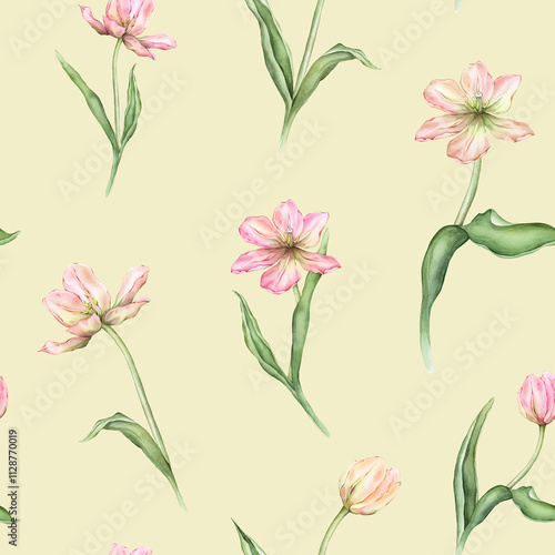 Wallpaper Mural Seamless pattern of pastel pink light yellow bud Tulips watercolor illustration isolated on background. Hand drawn delicate spring perennial bulbous flower for spring wedding repeat design Torontodigital.ca