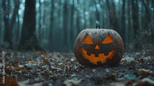 Illuminated Jack O Lantern In An Autumn Forest photo