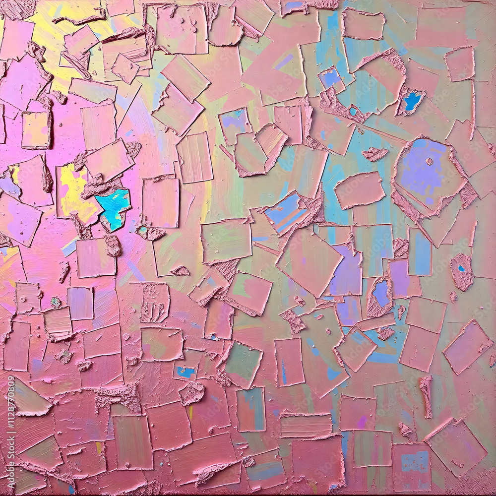 Fototapeta premium Iridescent Layered abstract texture with pastel, pink, lavender, mint, green, peach geometric patterns 