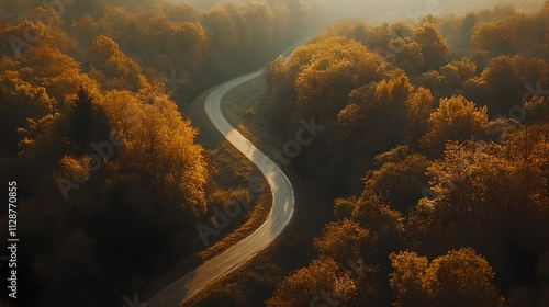 A cinematic drone shot of a winding road through a dense forest in autumn.