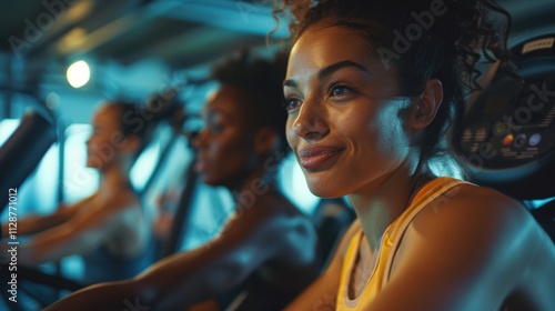 A group of friends working out together on exercise machines in a community gym, motivating each other and enjoying their fitness routine