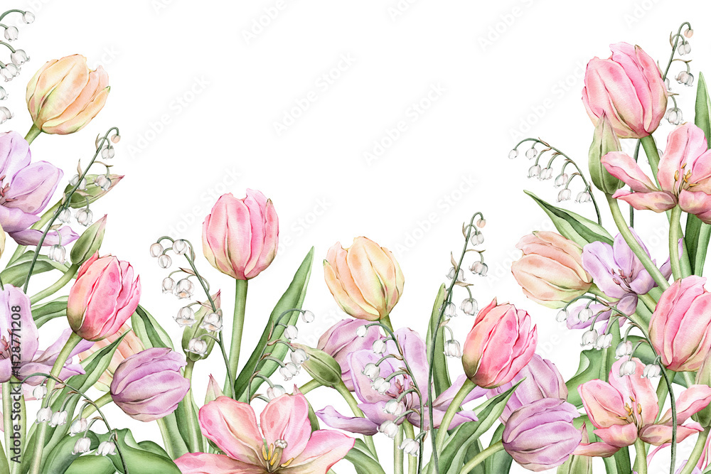Rectangular Frame with pastel pink light Tulips and bud and white lily of the valley for Hello Spring greeting card. Hand drawn watercolor illustration perennial flowers for wedding or invitation. Rectangular Frame with pastel pink light Tulips and bud and white lily of the valley for Hello Spring greeting card. Hand drawn watercolor illustration perennial flowers for wedding or invitation.