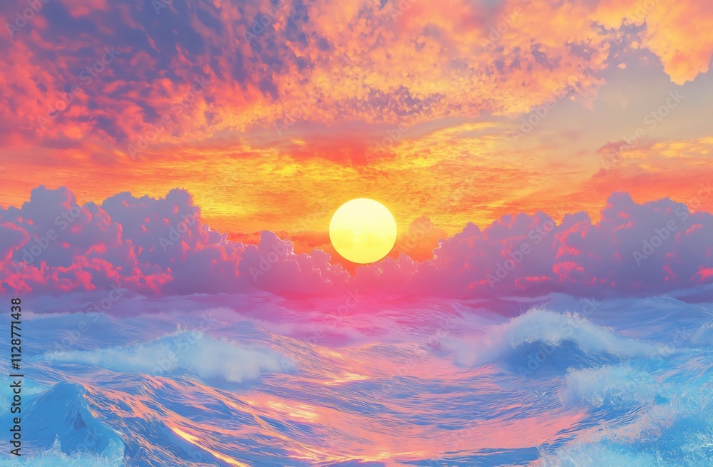 Vibrant Sunset Over Ocean Waves Vibrant Sunset Over Ocean Waves