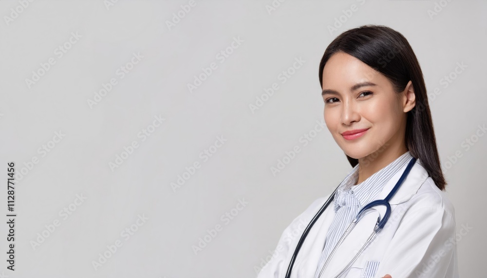 Confident female doctor in white coat against light grey background Confident female doctor in white coat against light grey background