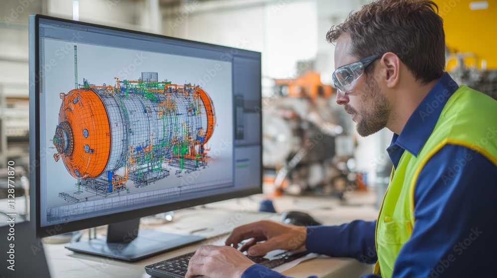 Engineer doing a model review in his 3D pressure vessel design - many uses in oil and gas industry