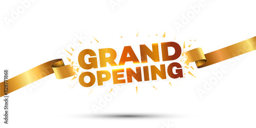 Vector illustration of grand opening logo unit with golden ribbon.