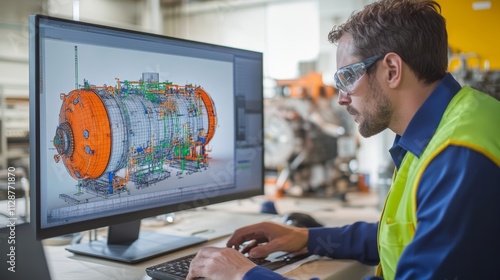 Obraz na płótnie Engineer doing a model review in his 3D pressure vessel design - many uses in oil and gas industry w salonie