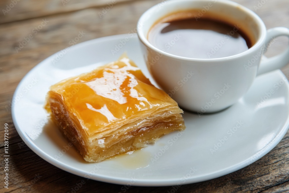 Baklava with Coffee on White Plate Baklava with Coffee on White Plate