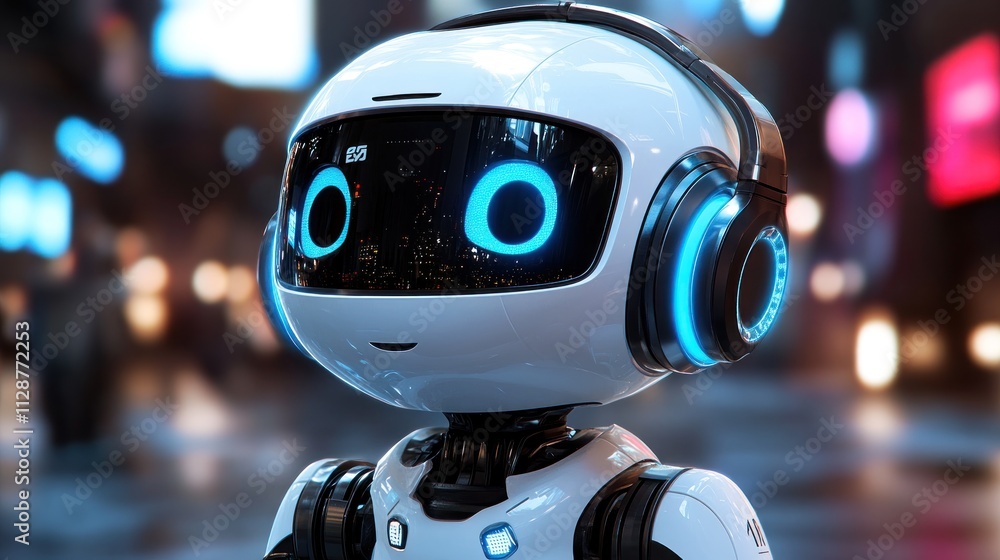 Cute robot with headphones in a futuristic city. Cute robot with headphones in a futuristic city.
