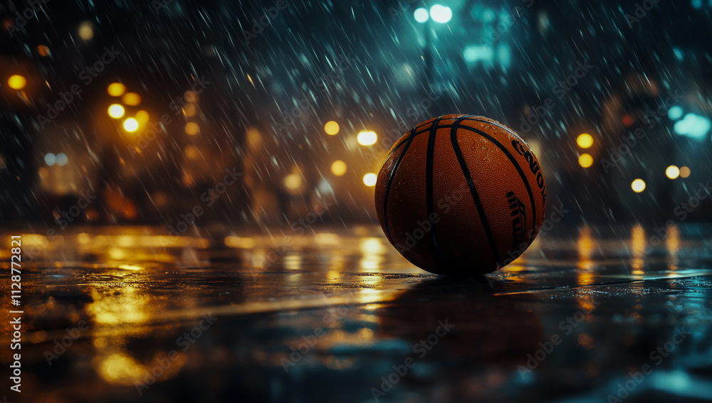 A scene showing a basketball in the rain, with a blurred background and cinematic lighting, A scene showing a basketball in the rain, with a blurred background and cinematic lighting,