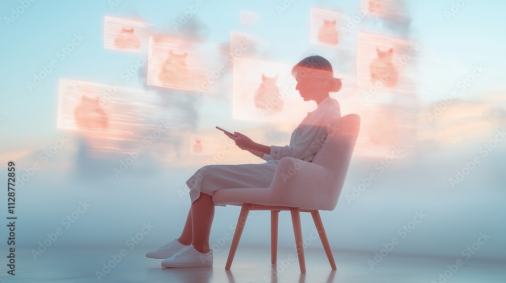 custom made wallpaper toronto digitalSilhouette of Woman sitting with phone in hands surfing internet, watching simple funny videos, no mental load, brain clutter, brain rot