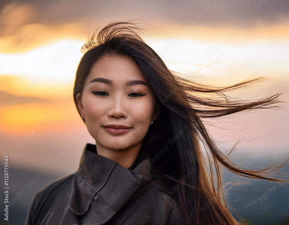 Fototapeta premium Confident Woman with Windswept Hair Against a Dramatic Sky