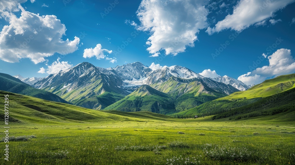High-end photography of a serene mountain landscape with green meadows and snow-capped peaks under a blue sky High-end photography of a serene mountain landscape with green meadows and snow-capped peaks under a blue sky