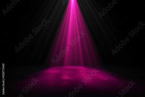 Spotlight shines down through ethereal smoky mist. Isolated black background glows with fantasy light. God’s beams create magical and surreal effects.