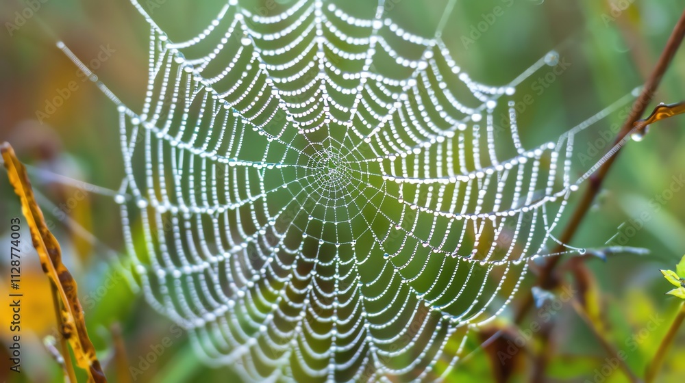 A spiderweb covered in dew drops in a green grassy area. A spiderweb covered in dew drops in a green grassy area.