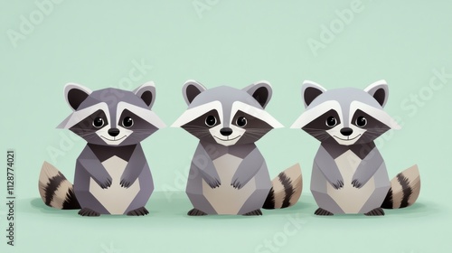 Three Adorable Cartoon Raccoons Sitting Together