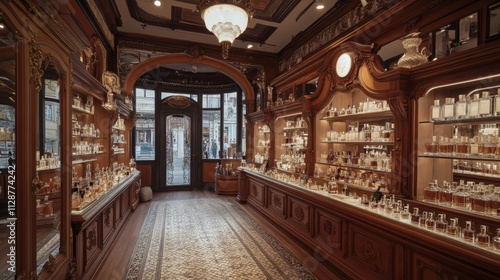 Ornate Perfume Shop Interior with Wooden Shelves and Glass Bottles