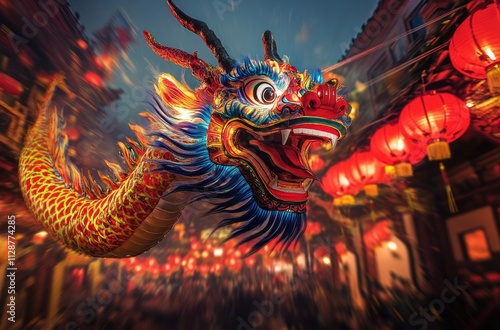 A colorful dragon is hovering in the air, surrounded by red lanterns and blurred crowds on both sides of the street at night.