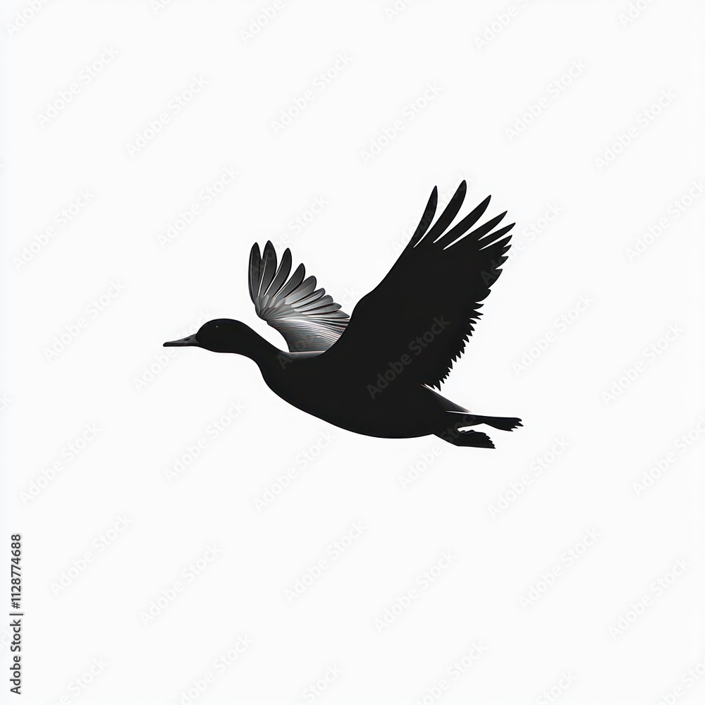 Obraz premium Silhouette of a bird in flight, wings spread wide against a white background.