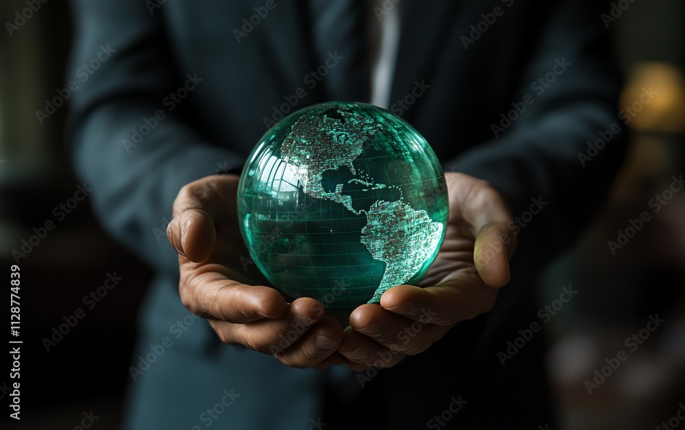 A businessman holding a green globe with sustainable environment symbols, showcasing a strategy for carbon neutrality, netzero emissions, and longterm climate protection A businessman holding a green globe with sustainable environment symbols, showcasing a strategy for carbon neutrality, netzero emissions, and longterm climate protection