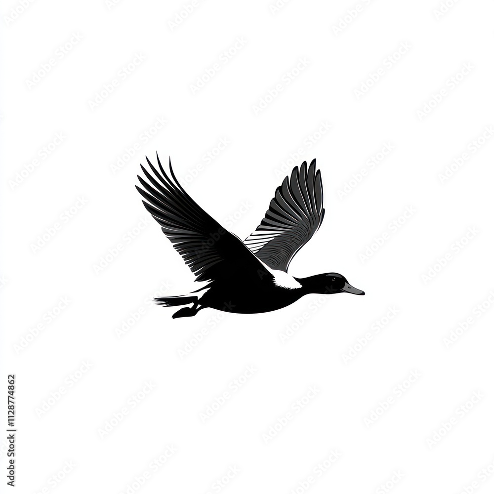 Obraz premium Black and white illustration of a duck in flight.