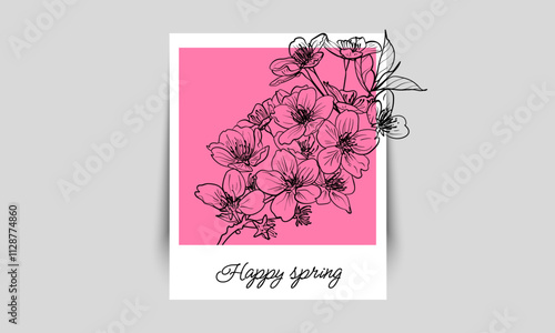 Cute design with line art cherry blossoms coming out of a polaroid. Hand drawn outline of these beautiful spring flowers on pink background. Ready to be used in print and online projects.