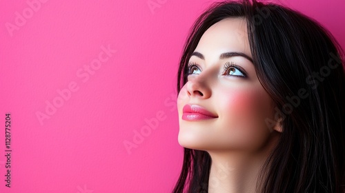 Beautiful woman with long hair looking up, pink background.