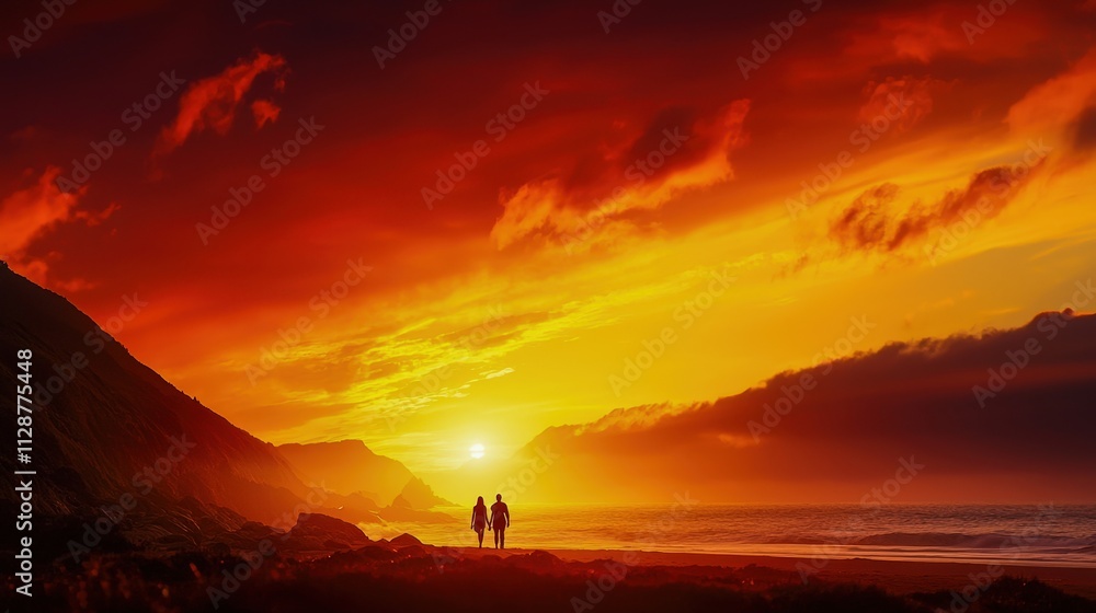 A stunning sunset beach scene with silhouettes of two people against vibrant skies and gentle waves.