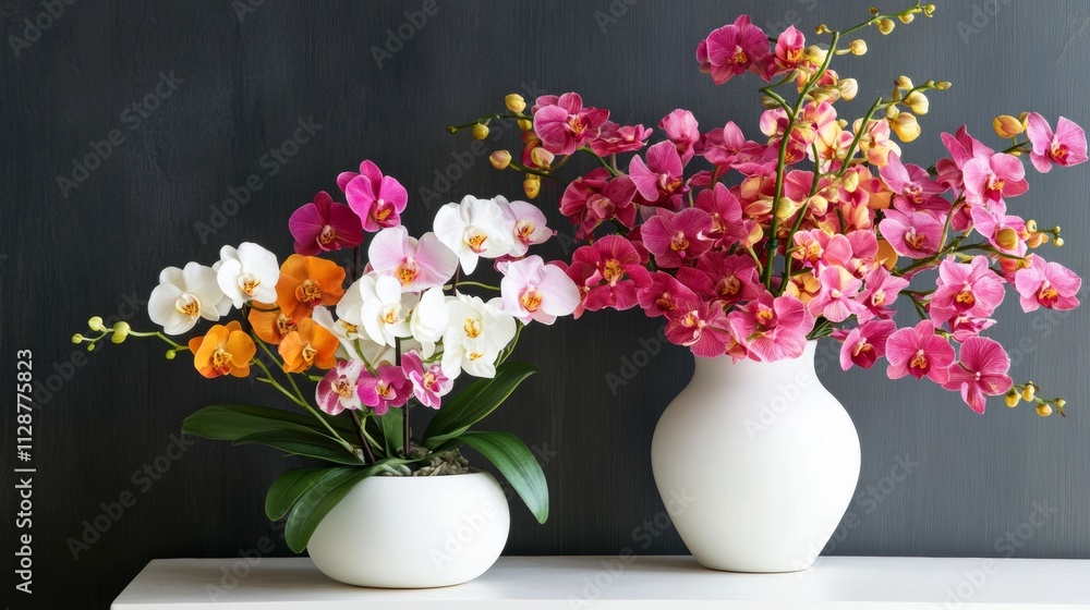 Beautiful orchids in white vase on white table Beautiful orchids in white vase on white table