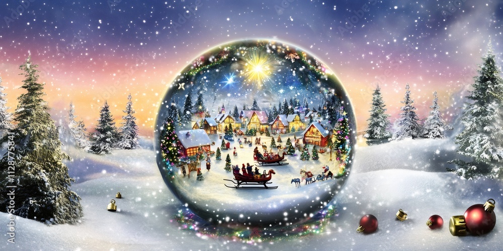 Magical christmas snow globe depicting a festive village scene with people enjoying sleigh rides during a beautiful snowfall at sunset Magical christmas snow globe depicting a festive village scene with people enjoying sleigh rides during a beautiful snowfall at sunset