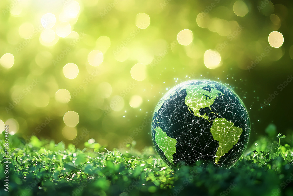 Abstract Green Globe in a Digital Network on a Blurred Green Background, Highlighting Global Connectivity and Environmental Awareness Abstract Green Globe in a Digital Network on a Blurred Green Background, Highlighting Global Connectivity and Environmental Awareness