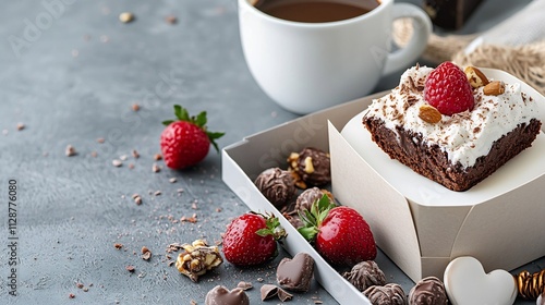 Fresh Chocolate Brownie in Heart Shaped Gift Box with Valentine s Decor photo