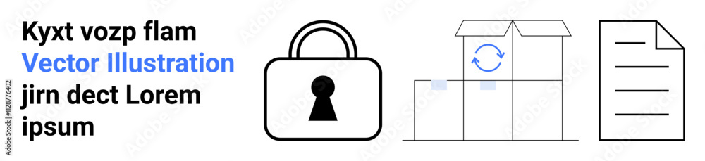 Lock symbolizing security, open box indicating storage or shipment, and document outline. Ideal for security, storage, shipping, organization, digital protection, document management logistics Lock symbolizing security, open box indicating storage or shipment, and document outline. Ideal for security, storage, shipping, organization, digital protection, document management logistics