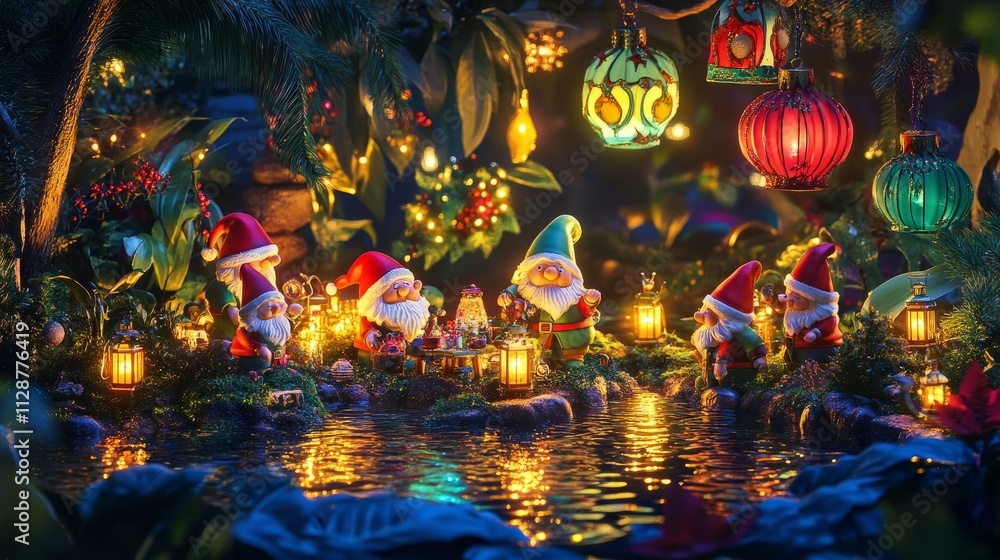 A whimsical scene of gnomes gathering around a glowing pond, surrounded by colorful Christmas lanterns and lush greenery A whimsical scene of gnomes gathering around a glowing pond, surrounded by colorful Christmas lanterns and lush greenery