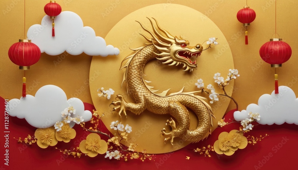 Happy Chinese New Year 2025, the dragon zodiac sign with clouds, lantern, Asian elements gold paper cut style on color background. Year of the Dragon banner Happy Chinese New Year 2025, the dragon zodiac sign with clouds, lantern, Asian elements gold paper cut style on color background. Year of the Dragon banner