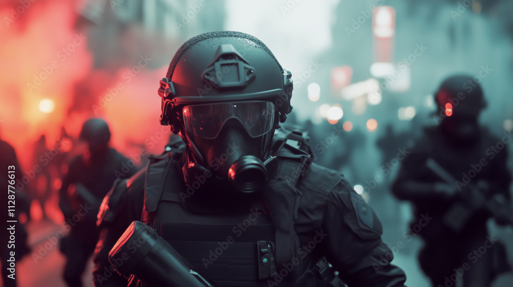 Tactical police in urban environment during a protest Tactical police in urban environment during a protest